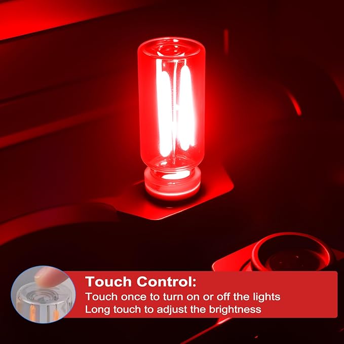 2 PCS Car USB Lights, Plug-in Retro Car Atmosphere Lamp with Touch Dimmable, Portable Mini Glass Bottle LED Bulb Night Lights for Vehicle Bedroom Hallway Camping Holiday Decoration (Red)