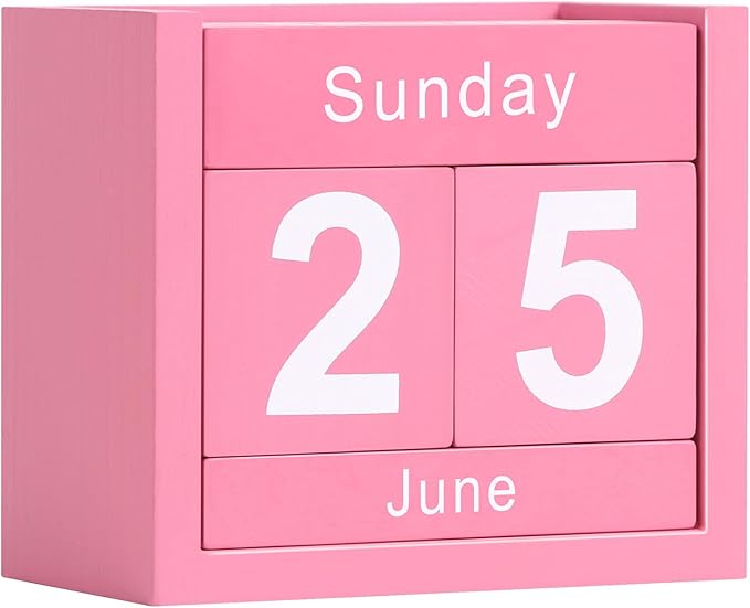 Wooden Block Calendar for Desk, Daily Desktop Perpetual Desk Calendar, Cute Date Display Blocks Desk Accessory for Home Office Decor, Teacher, Classroom, Reusable Yearly, Pink