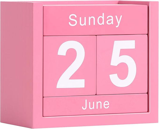 Wooden Block Calendar for Desk, Daily Desktop Perpetual Desk Calendar, Cute Date Display Blocks Desk Accessory for Home Office Decor, Teacher, Classroom, Reusable Yearly, Pink