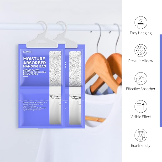 CLEVAST Moisture Absorbers Packets 10 Pack, Dehumidifier Bags for Closet, Unscented Hanging Humidity Absorber in Wardrobes, Bedrooms, Bathrooms(Net Wt. 230g/Pack)