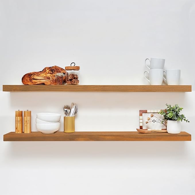 Homeforia 48 inch Golden Oak Floating Shelf, High-End Solid Real Wood 48-inch Small Floating Shelves for Wall Mounted, Oak Wooden 48-inch Floating Shelves, Heavy Duty Bracket, 48 X 6.5 X 1.75 in, Set of 2