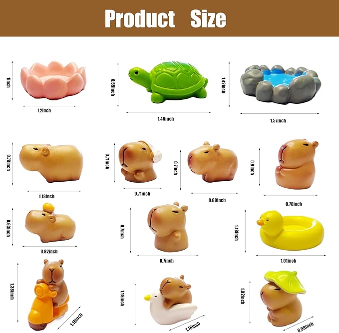 13 PCS Mini Capybara Figurines Tiny Capybaras for Car Dashboard Dollhouse Miniatures Mini Resin Animals for Fairy Garden Home Decor Capybara Birthday Decorations