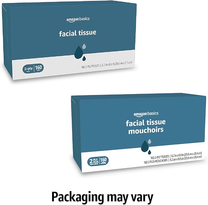 Amazon Basics Facial Tissue, 2-Ply, Soft and Strong, 2880 Count (18 Packs of 160), (Packaging May Vary)