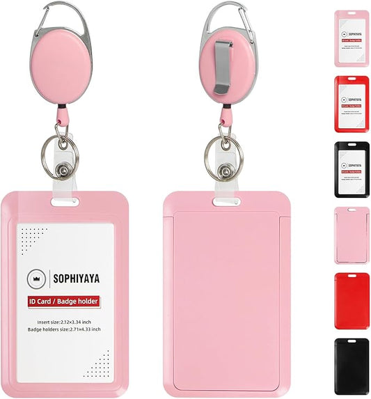 ID Badge Holder with Clip Badge Reels Ret retractable Heavy Duty Id Card with Carabiner Badge Reel with 24 inches Pull Cord for Office, School, Factory, Teacher (Pink, Vertical)