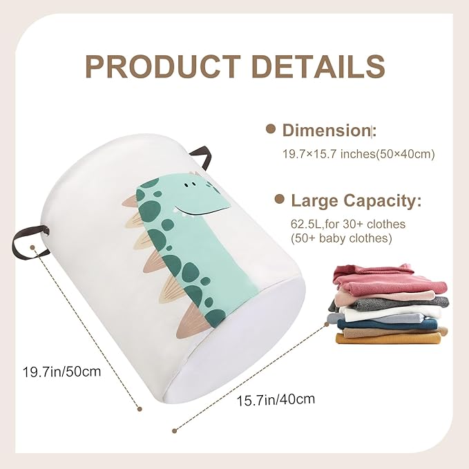 Mziart Kids Laundry Basket for Girls Boys, Cute Baby Laundry Hamper Waterproof Collapsible Large Storage Basket Nursery Toy Bin Home Decor Gift Baskets for Bathroom Bedroom 19.7 Inch (Green Dinosaur)