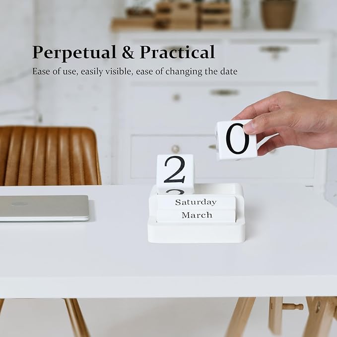Wooden Block Calendar for Desk, Daily Desktop Perpetual Desk Calendar, Modern Farmhouse Aesthetic Desk Accessories for Home Office Decor, Teacher, Classroom, Reusable Yearly, White