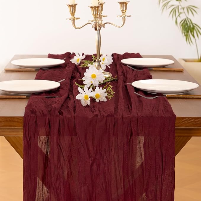 Socomi Burgundy Red Summer Table Runner Cheesecloth Boho Rustic Gauze 120 inch 10FT Cheese Cloth Sheer Runner for Wedding Party Baby Shower Birthday Home Decor Holiday Decorations