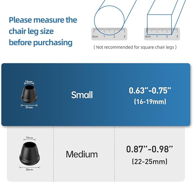 0.75 Inch Heavy Duty Rubber Chair Leg Caps - 24 PCS Non-Slip Furniture Floor Protectors with Metal Inserts for Wood, Tile, Carpet - Fits Chairs, Stools, Bar Stools