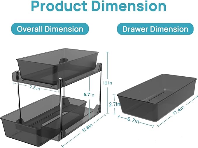 2 Pack 2 Tire Under Sink Organizer, Bathroom Organizers and Storage,Cabinet Drawers Bins, Pull-Out Organization with Track for Pantry, Kitchen,Fridge,Vanity Countertop (Black Clear