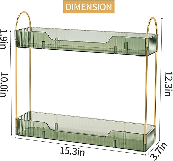 Bathroom Countertop Organizer, 2-Tier Slim Vanity Storage Rack for Bathroom Sink, Narrow Counter Organizer for Toiletries Skincare Perfume with Green Plastic Trays