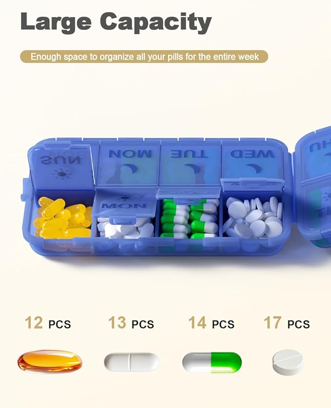 Pill Organizer Medicine Organizer Travel Essentials - Weekly Medicine Dispenser with Etched Labels, 7 Day AM PM Dispenser, Travel Pill Box, Foldable Medicine Case