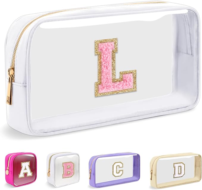 Small Clear Personalized Initial Makeup Bag,Nylon Preppy A-Z Chenille Letter Patch Cosmetic Pouch Beach Toiletry Bag,Waterproof Zipper Travel Purse Storage Bag Organizer for Women Girls(White-Pink L)