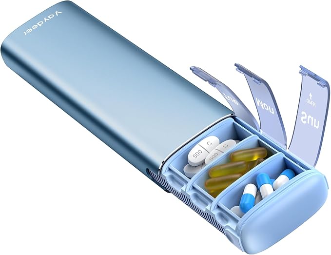 Vaydeer Metal Travel Pill Organizer – Compact Weekly Pill Box for Daily Medication – Portable Small Pill Case for Vitamins, Pills & Supplements (Blue)