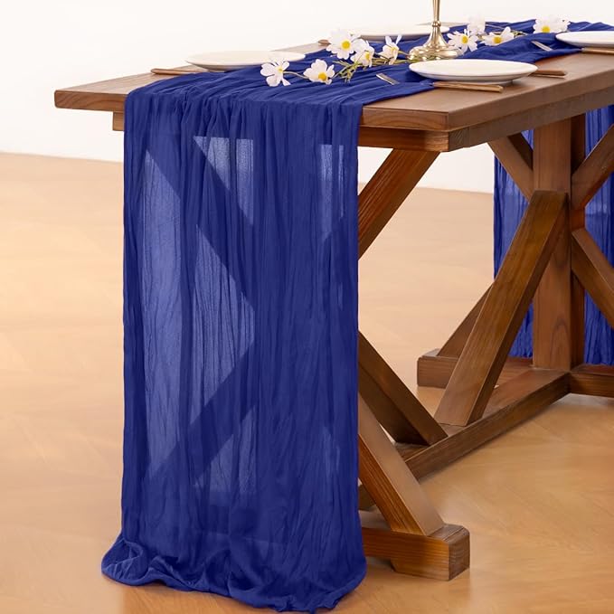 Socomi 2pcs Royal Blue Summer Cheesecloth Table Runner Boho Rustic Gauze 120 inch 10FT Cheese Cloth Sheer Runner for Wedding Party Baby Shower Birthday Home Decor Holiday Decorations