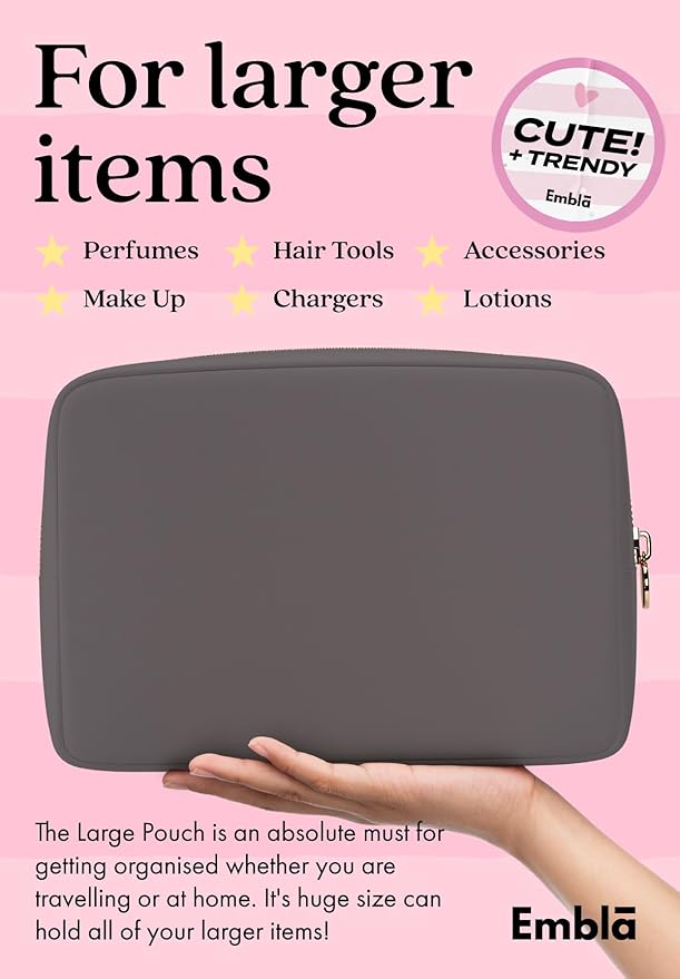 Embla Makeup Bag Travel Cosmetics Pouch and Toiletry Bag, Nylon Zipper Pouch Purse, Cute Make Up Organizer Storage Tote for Women Girls, Waterproof Travel Skincare Case, Large Makeup Bags, Grey