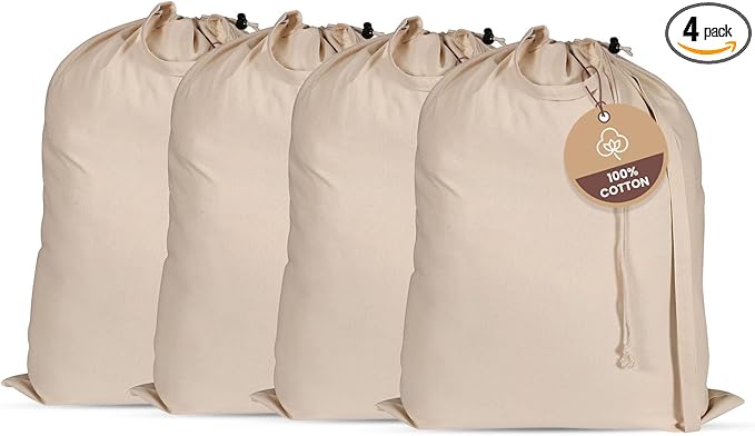 LFH Home Large Premium 100% Cotton Canvas Laundry Bag with Drawstring and Handles, Heavy Duty, Multi-Use, and Washable for Home, Travel, College or Storage, 20x30 (Pack of 4)-Natural