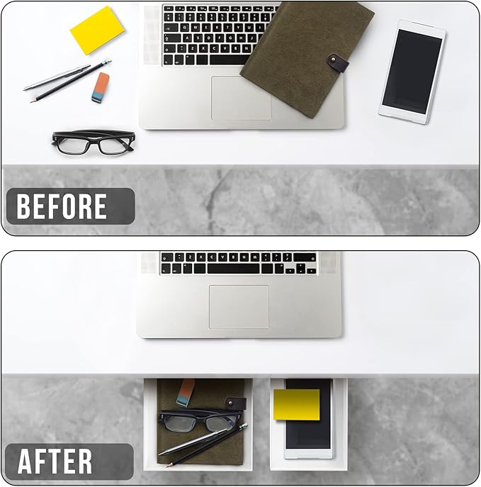 2 Pack Under Desk Drawer Organizer, Slide Out Storage for Pens, Cables & Office Accessories with Self Adhesive, No Drill Installation, Hidden Desk Storage for Office and Home