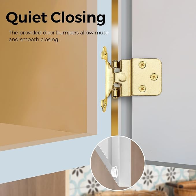 2 Pack 1 Pair Gold Cabinet Hinges - 3/8 inch Inset Kitchen Cabinet Hinges, Semi-Concealed Hinges, Self Closing Cabinet Door Hinges with Door Bumper Flush Face Mount Cupboard Hardware