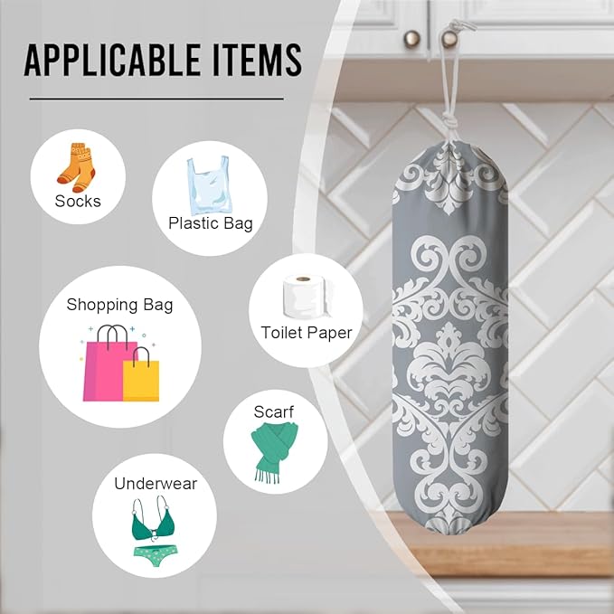 Damask Plastic Bag Holder, Reusable Garbage Bags Holders, Car Trash Bags, Wall Mount Kitchen Essentialsfor Home Kitchen, Housewarming Gift for Women Mom Grandma, Kitchen Pattern Garbage Bag 54