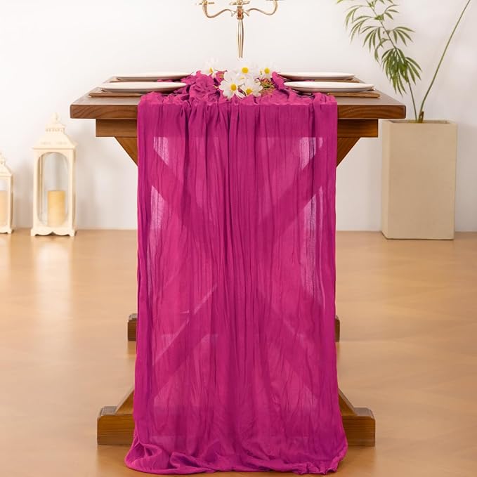 Socomi 2pcs Hot Pink Summer Cheesecloth Table Runner Boho Rustic Gauze 120 inch 10FT Cheese Cloth Sheer Runner for Wedding Party Baby Shower Birthday Home Decor