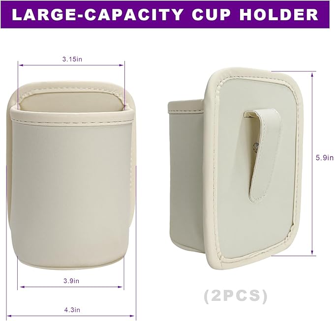2 PCS Large Car Door Cup Holders, Clip On Beverage Drink Holder Vehicle Door Storage Organizer, Scratch-Resistant Leather Water Bottle Hanging Holder for SUV Sedan Truck (White)