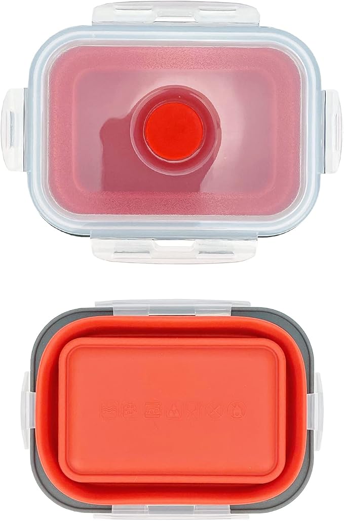 CCyanzi 3-Piece Collapsible Food Storage Containers with Lids, Silicone Lunch Container, Microwave & Freezer Safe, Space Saving for Kitchen Cabinet and Camping Backpack (Red Gray)