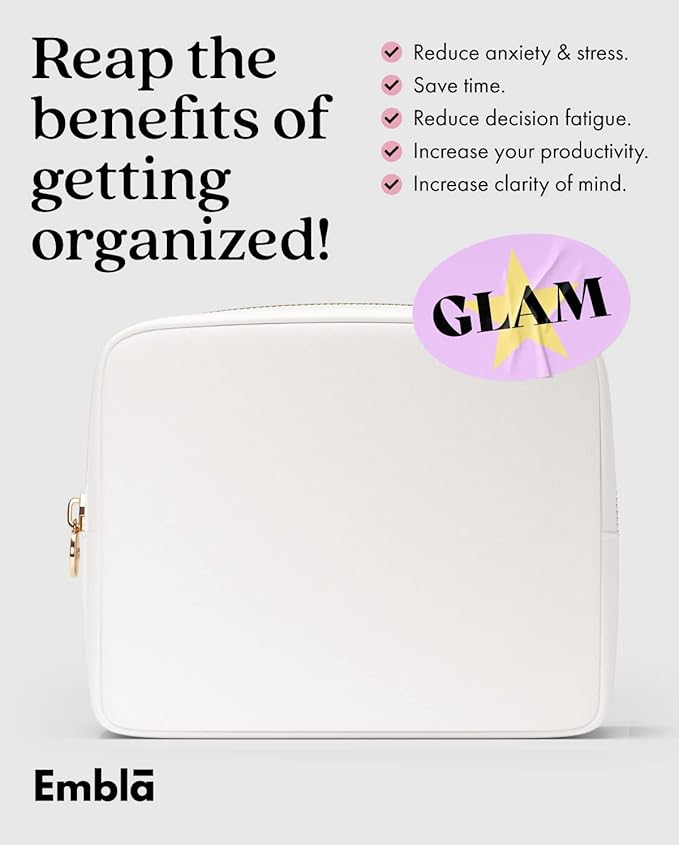 Embla Makeup Bag Travel Cosmetics Pouch and Toiletry Bag, Nylon Zipper Pouch Purse, Cute Make Up Organizer Storage Tote for Women Girls, Waterproof Travel Skincare Case, Large Makeup Bags, White