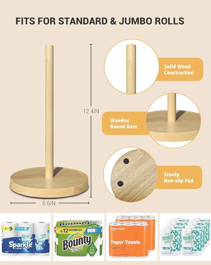 NESAPTO Paper Towel Holder Countertop, Wooden Freestanding Paper Towel Stand for Modern Farmhouse & Cottagecore Decor, Kitchen Bathroom Essential, Natural Color