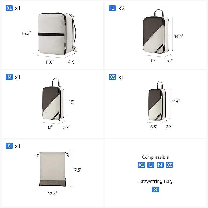 LUGGEX 6 Set Compression Packing Cubes for Travel, POX01 Luggage Organizers Bags, Suitcase Organizer with Shoe Bag Travel Accessories Essentials for Carry on & Checked (POX-En, Beige)
