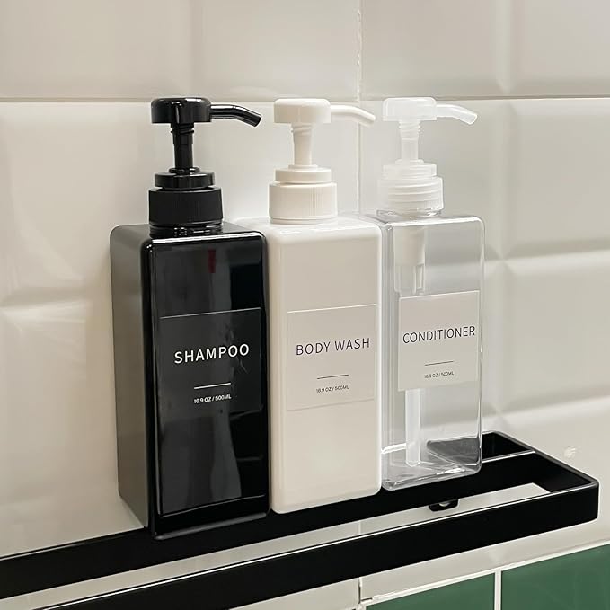Shampoo and Conditioner Dispenser, Refillable Plastic Shampoo Pump Bottles with Waterproof Labels, Empty Body Wash Dispenser Set for Bathroom, Shower Soap Bottles (Clear, Set of 3, 16.9oz)