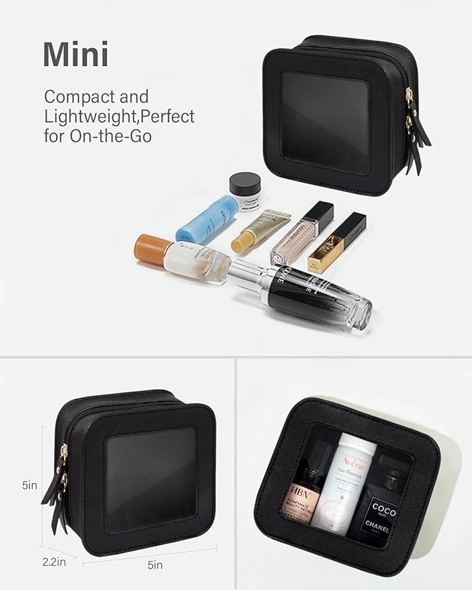 Small Clear Makeup Bag for Purse Travel Cosmetic Case Transparent Toiletry Bag with Zipper, Portable Make Up Organizer Traveling Compact Car Bag for Essentials (Black, Mini)