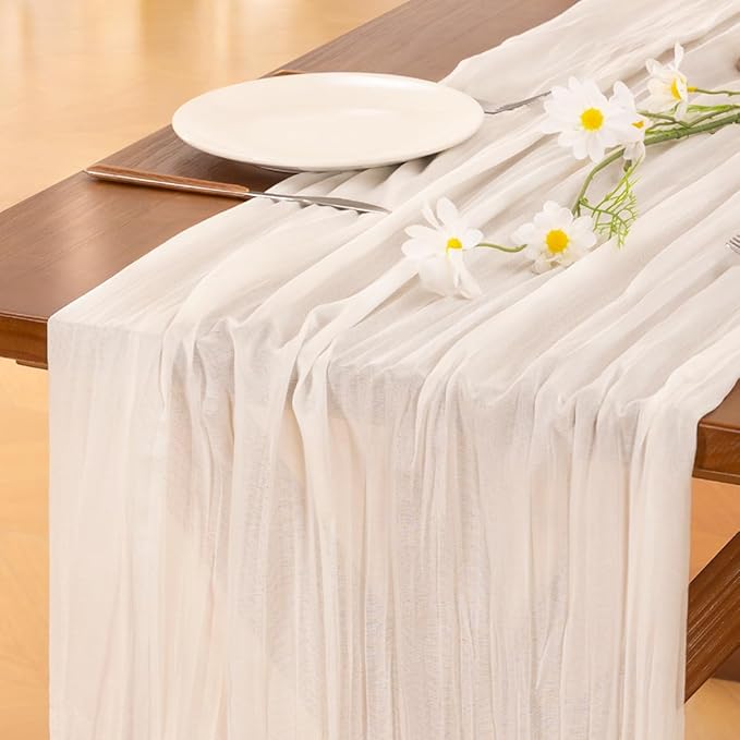 Socomi 6pcs Ivory White Cheesecloth Table Runner Summer Boho Rustic Gauze 120 inch 10FT Cheese Cloth Sheer Runner for Wedding Party Baby Shower Birthday Home Decor Holiday Decorations