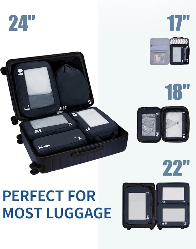ECOHUB 5 Set Compression Packing Cubes for Suitcases Organizer Bags Set Travel Essentials with Shoe Bags for Travel Tear-resistant Travel Accessories with ID Tag Expandable Packing Bags (Navy Blue)