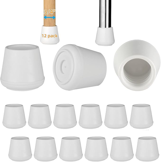 3/4" Chair Leg Tips Caps, Non-Slip Rubber Leg Tips, Stool Leg Protectors Cap, Folding Metal Chair Leg Tip Replacement, Chair Leg Floor Protectors Round White, 12 Pack