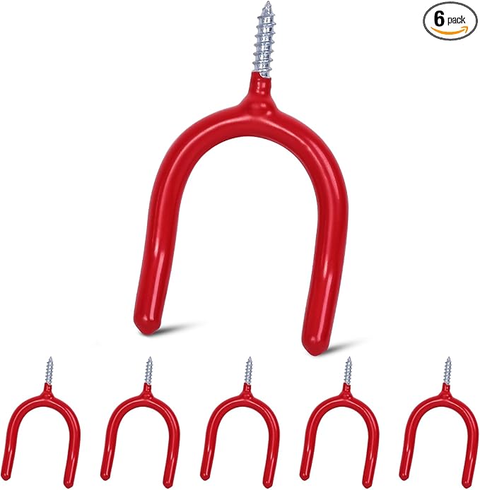 Lian.Ripple.Lian 6 Pack Garage Storage System Steel U Hooks with Anti-Slip Coating Home Improvement and Organization Screw in Hooks Easy Wall Mounting Heavy Duty Bike and Ladder (Red, 6 Pack)