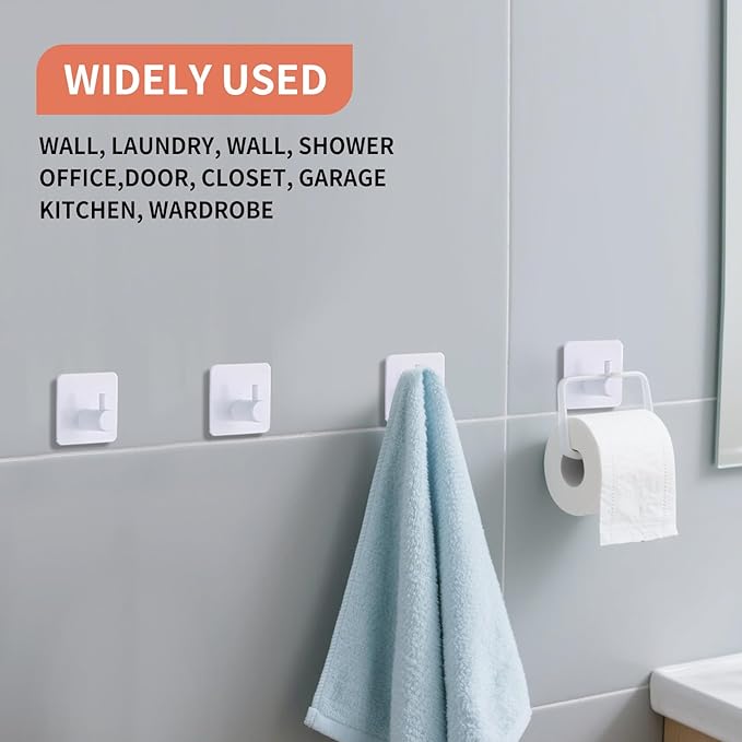 White Adhesive Towel Hooks Heavy Duty Stick on Wall Hooks Shower Hooks for Bathroom Kitchen Door-4 Packs
