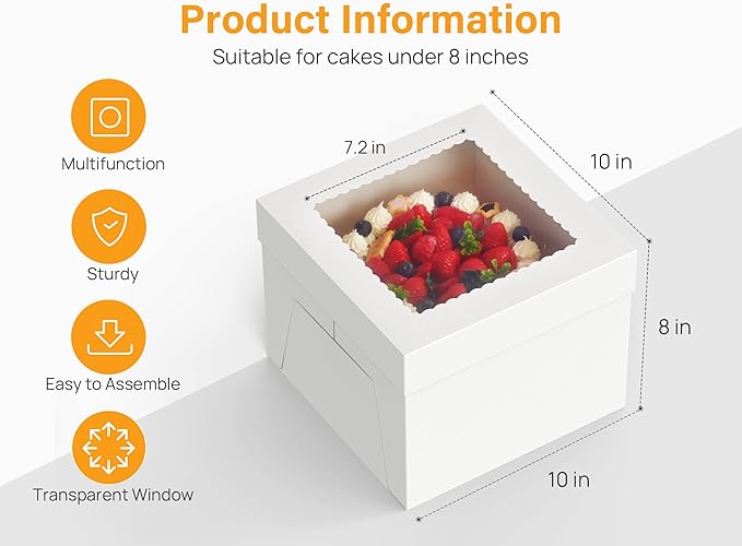 Kootek 15pcs Cake Boxes, 10x10x8 Inches Tall Cake Box with Window, White Bakery Boxes, Large Baking Boxes, Square Cardboard Cake Box for Multi-Layer Cakes, Cake Decorating Supplies for Gift Giving