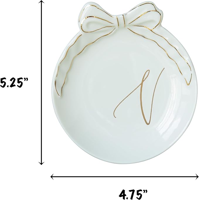 COLLECTIVE HOME - Personalized Initial Ceramic Jewelry Tray with Bow, Christmas Gift Ideas for Women, Small Gift for Girlfriend Wife, Ring Holder, Earrings Dish, Birthday Gift for Her (V)