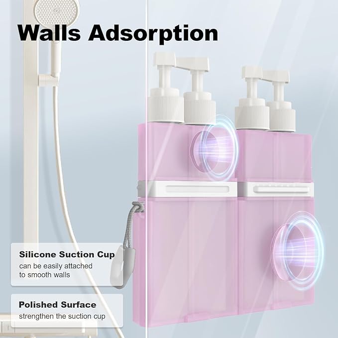 YOTIME 4in1 Travel Bottles Set, Vacuum Silicone Suction Cup for Smooth Walls, TSA Approved Leak Proof Travel Size Containers for Toiletries, Shampoo, Body Wash and Conditioner, Pink