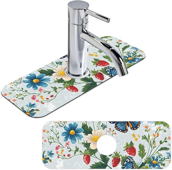 1 PC 15.4*5.7 Inch Absorbent Faucet Mat for Kitchen, Butterfly Sink Splash Guard, Fast Drying Kitchen Faucet Mat for Bathroom Kitchen