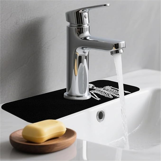 Kitchen Sink Splash Guard, Black Funny Skull Faucet Mat Sink Gadgets - Super Absorbent Fast Drying Mat Drip Catcher for Kitchen, Bathroom, Sink Mat, Dish Drying Mat, Bathroom (15" x 5.5")