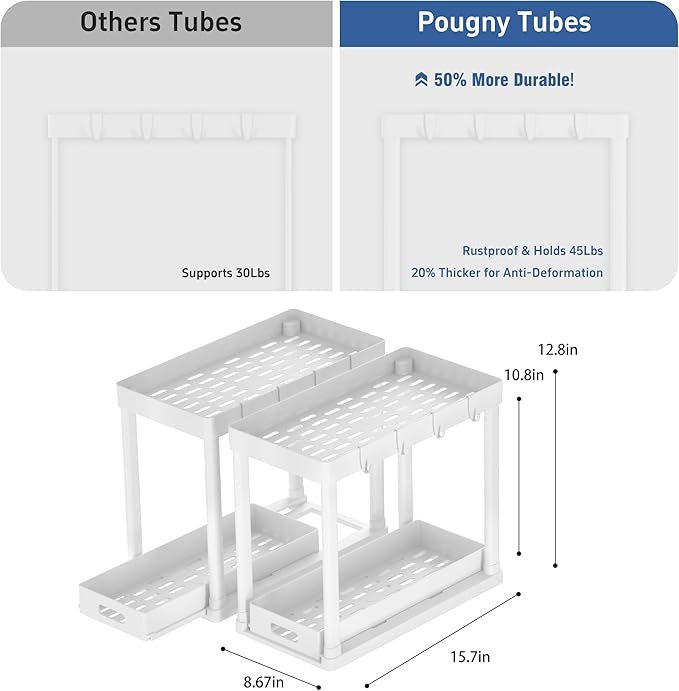 2PC Under Sink Organizer Rack 2 Tier Under Sliding Cabinet Basket Organizer Drawer with 4 Hooks, Multi-purpose Under Sink Storage for Bathroom Kitchen Desktop（White）