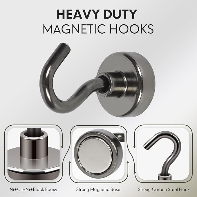 Neosmuk Magnetic Hooks, Heavy Duty 30lb+ Strong Magnet Hook for Cruise Cabins, Cruise Ship Essentials for Hanging, Metal Wall Refrigerator Hangers (Gunmetal, 15 Pack)