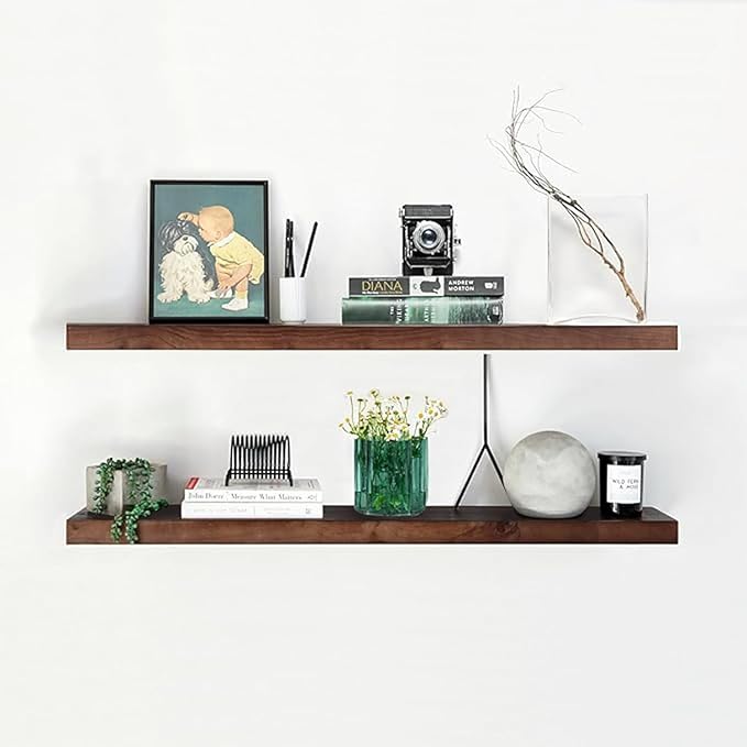 Homeforia Walnut 42 inch Floating Shelves, High-End Solid Real Wood 42-inch Floating Shelf for Wall, Large Dark Brown 42 inches Long Floating Shelves, Heavy Duty Bracket, 42 X 6.5 X 1.75 inch, Set of 2