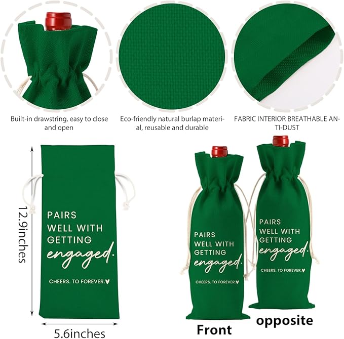 Engaged Gifts, Engagement Gifts for Couples Her, Engagement Party Decorations Gifts for Engaged Couple Wine Bag, Pairs Well with Getting Engaged Wine Bottle Bag（Green）