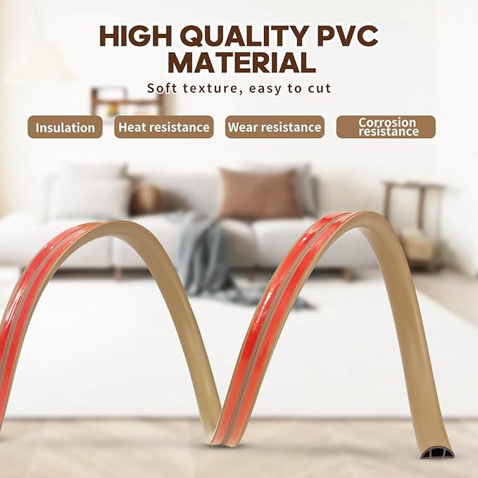 Floor Cord Cover, Floor Cable Cover, Cord Hider Floor, Soft PVC Self Adhesive, Extension Cord Covers for Floor, Prevent Cable Trips,for Offices, Gyms, Exhibitions (Light Brown, 10feet)
