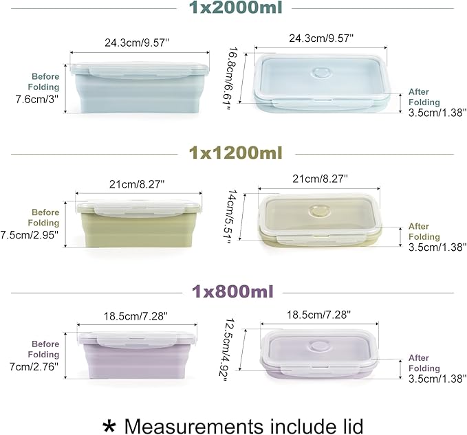 Large Collapsible Food Containers with Lids for Camping & Travel | Leak-Proof Silicone Storage Bowls, 2000ml/1200ml/800ml, Dishwasher, Microwave Freezer Safe, Set of 3
