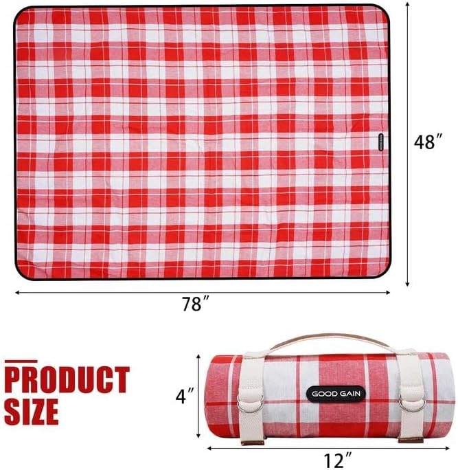 G GOOD GAIN Picnic Outdoor Blankets Waterproof Large - Beach Mat Sand Free Foldable with Carry Strap | Portable Camping Blanket | Park Blanket for Grass Park, Hiking, Travel, Concerts（RedPlaid）
