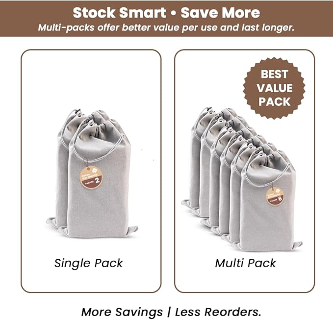 LFH Cotton Rich Shoe Storage Bags with Drawstring, Dustproof Breathable Reusable Organizer, Perfect For Travel, Dorm, Hotel, College, Gym, Easy to Carry, Machine Washable 8"x17" (Pack of 6) - Grey