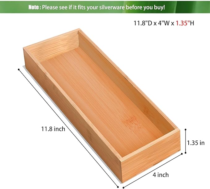 Bamboo Drawer Organizer, Utensil Organizer for Kitchen, Bamboo Storage Box Wood Silverware Tray for Drawer Set of 2